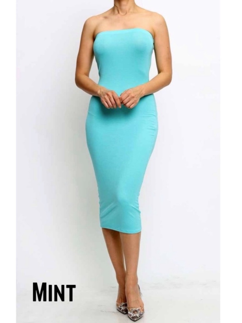Strapless Teal Bodycon Midi Dress